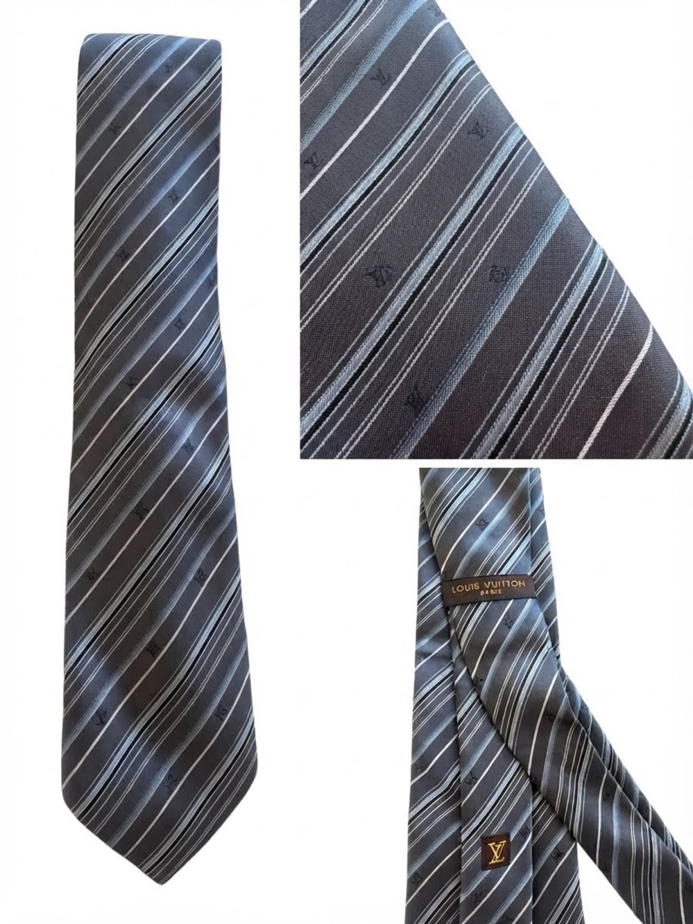 Louis Vuitton Black and Silver Striped Silk Tie